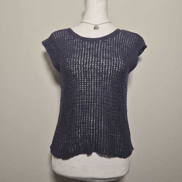 Eileen Fisher Organic Linen Cotton Blend Chunky Knit Open Split Back Navy Top S - Picture 1 of 8